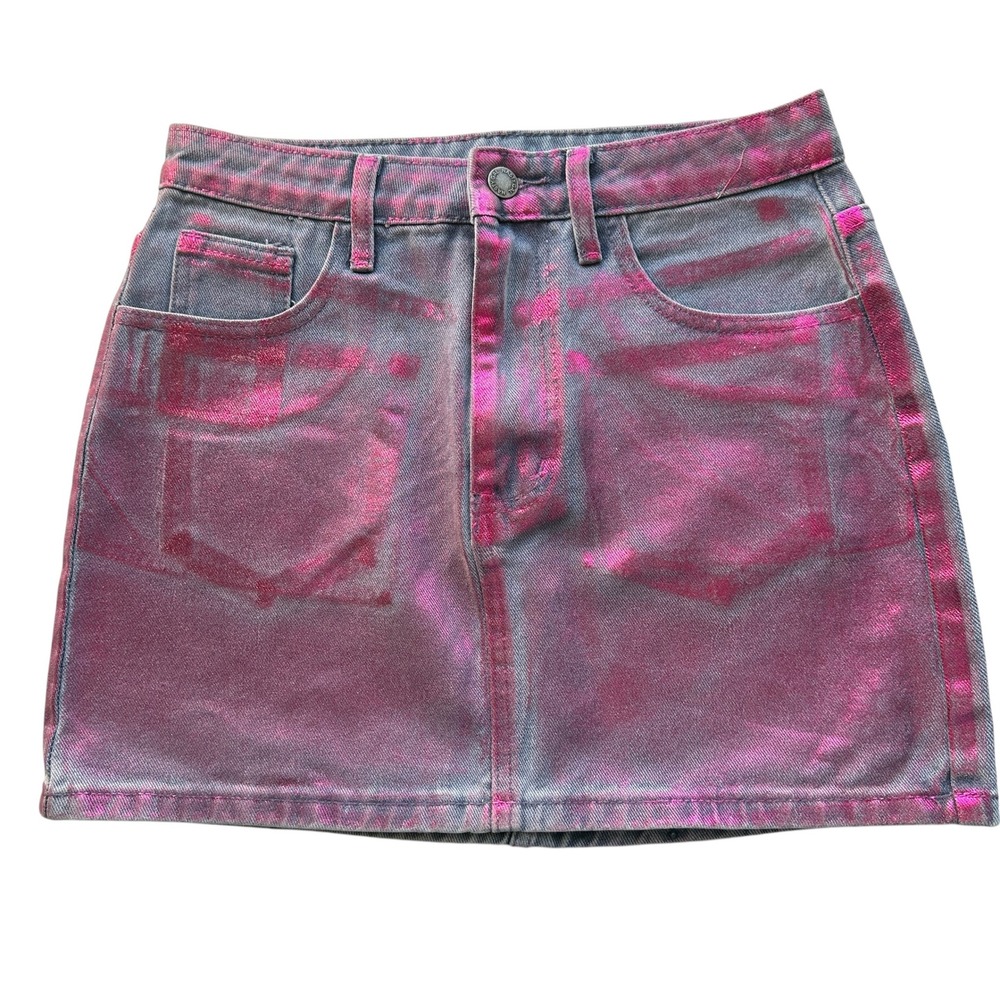 Nasty Gal Metallic Coated Pink Denim Mini Skirt Chic‎ Party Festival Size 2 NWOT